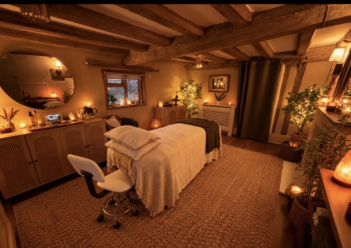 Candlelit Rays & Rituals treatment room with massage couch, oak beams and fairy-lit plants